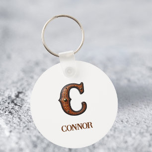 Western Tooled Leather Initial Monogram C Keychain