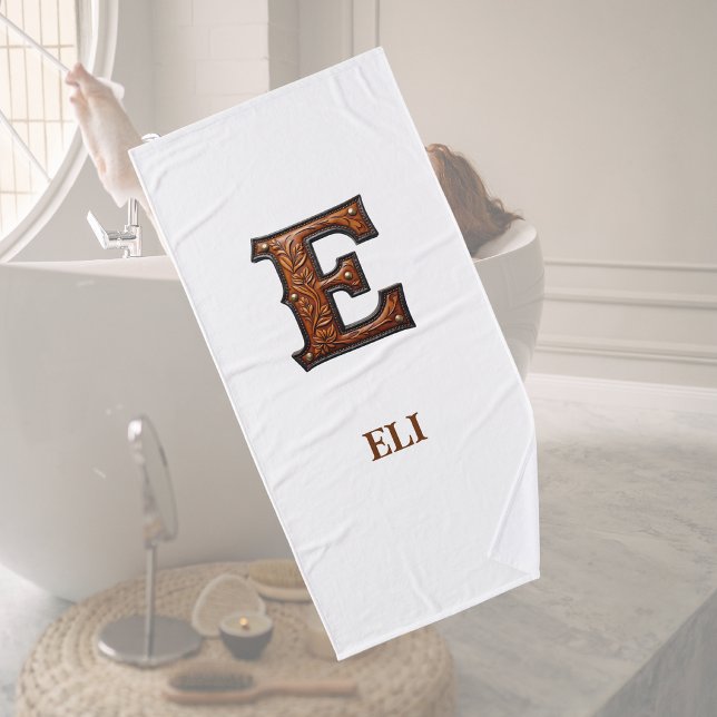Western Tooled Leather Initial Monogram E Bath Towel (Creator Uploaded)