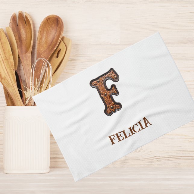Western Tooled Leather Initial Monogram F Kitchen Towel (Creator Uploaded)