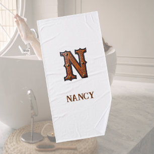 Western Tooled Leather Initial Monogram N Bath Towel