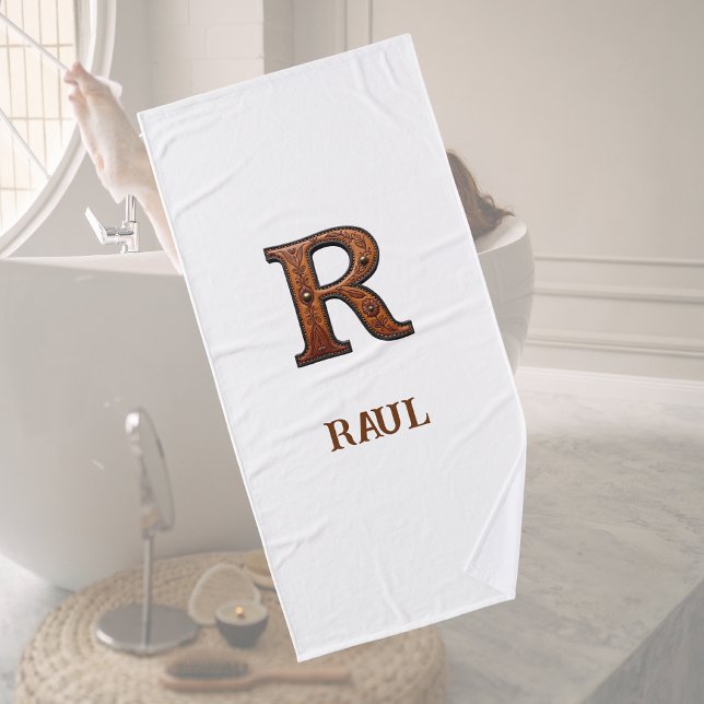 Western Tooled Leather Initial Monogram R Bath Towel (Creator Uploaded)