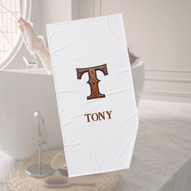 Western Tooled Leather Initial Monogram T Bath Towel (Creator Uploaded)