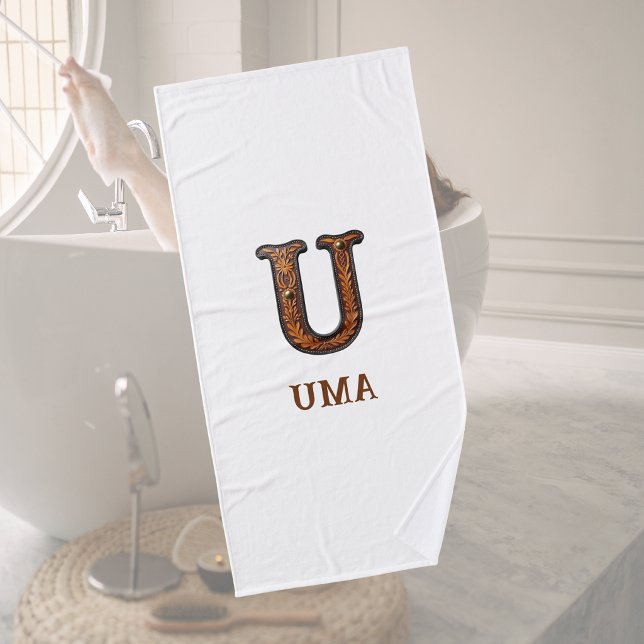 Western Tooled Leather Initial Monogram U Bath Towel (Creator Uploaded)