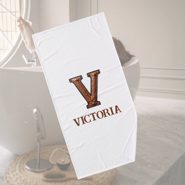 Western Tooled Leather Initial Monogram V Bath Towel (Creator Uploaded)