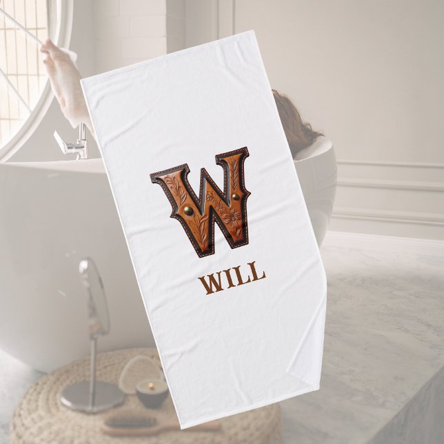 Western Tooled Leather Initial Monogram W Bath Towel (Creator Uploaded)
