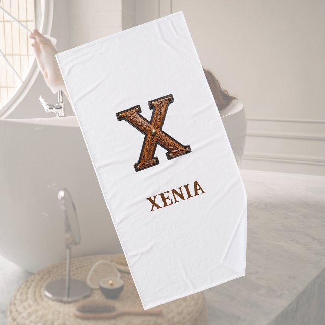 Western Tooled Leather Initial Monogram X Bath Towel (Creator Uploaded)