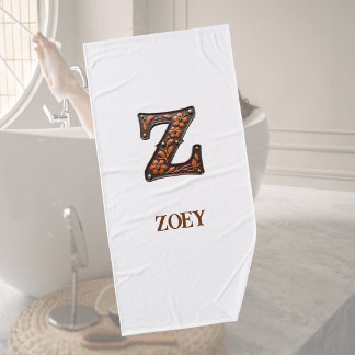 Western Tooled Leather Initial Monogram Z Bath Towel