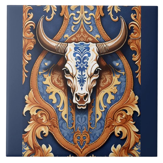 Western Tooled Leather Look Cow Head Ceramic Tile (Front)