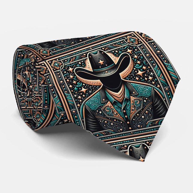 Western Tooled Leather Look Cowboy and Hat  Neck Tie (Rolled)