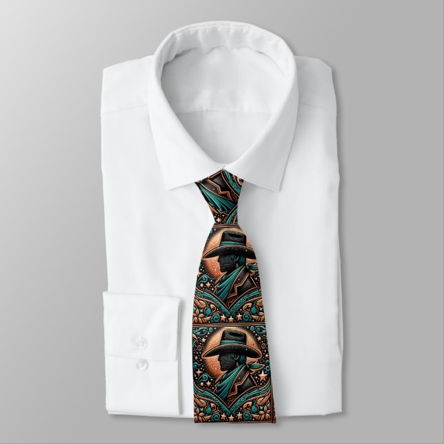 Western Tooled Leather Look Cowboy and Hat  Neck Tie (Tied)