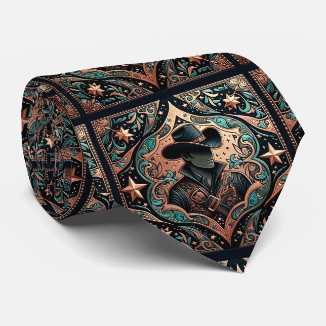 Western Tooled Leather Look Cowboy and Hat  Neck Tie (Rolled)
