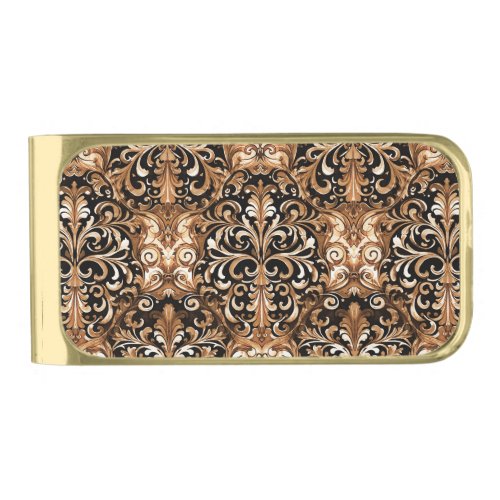 Western Tooled Leather Look Design Gold Finish Money Clip