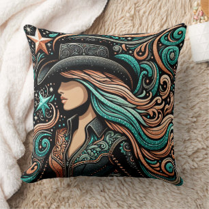 Western Tooled Leather Print Cowgirl Throw Pillow