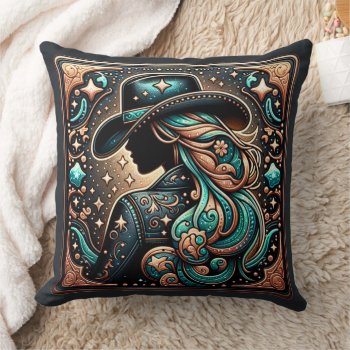 Western Tooled Leather Print Cowgirl Throw Pillow by RODEODAYS at Zazzle