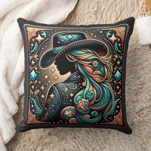 Western Tooled Leather Print Cowgirl Throw Pillow (Blanket)