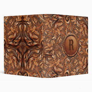 Western Tooled Leather Print Custom Initial  3 Ring Binder