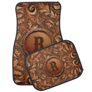 Western Tooled Leather Print Custom Initial  Car Floor Mat