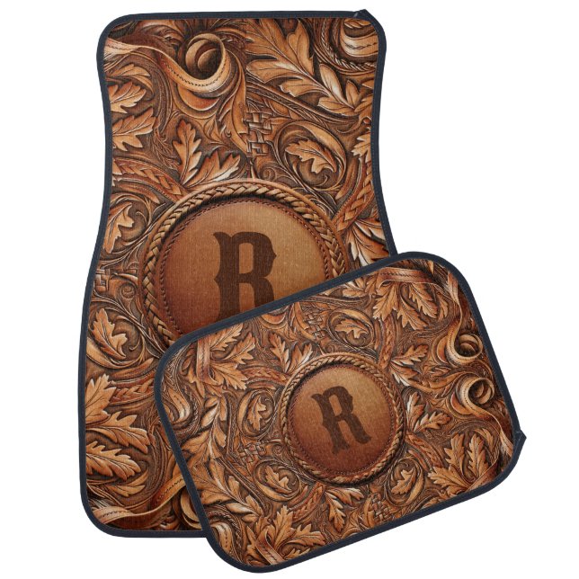 Western Tooled Leather Print Custom Initial  Car Floor Mat (Set)