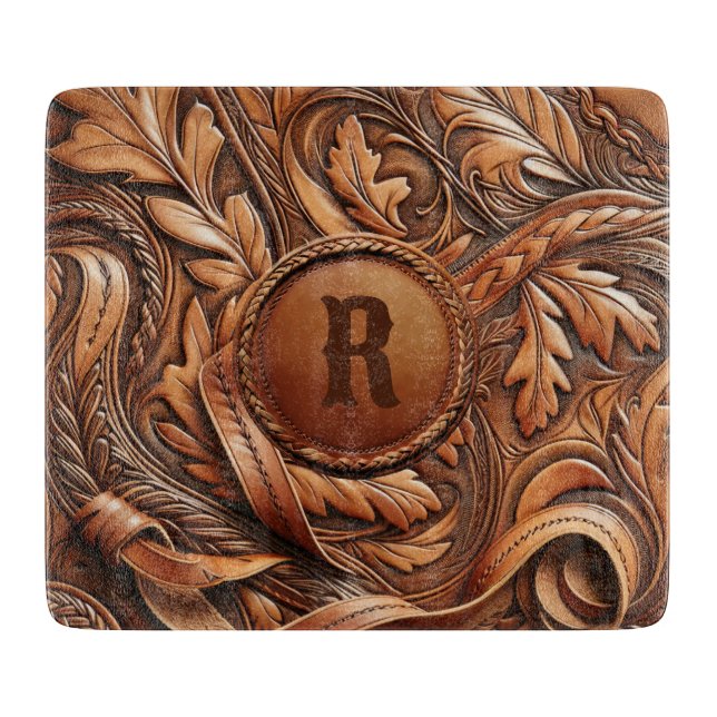 Western Tooled Leather Print Custom Initial  Cutting Board (Front)