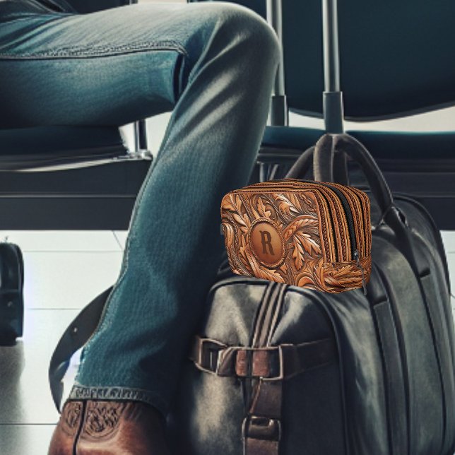 Western Tooled Leather Print Custom Initial Dopp Kit (Western Tooled Leather Collection 
Custom Initial Bag (shaving kit))