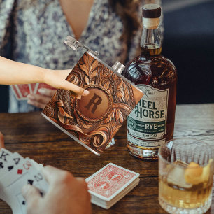 Western Tooled Leather Print Custom Initial Flask