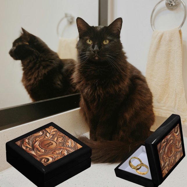 Western Tooled Leather Print Custom Initial  Gift Box (Western Tooled Leather Collection 
Custom Initial Keepsake Box)