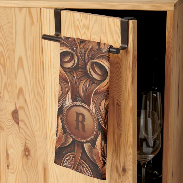 Western Tooled Leather Print Custom Initial  Kitchen Towel (Thirds Fold)