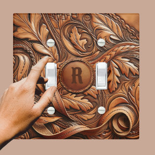 Western Tooled Leather Print Custom Initial Light Switch Cover