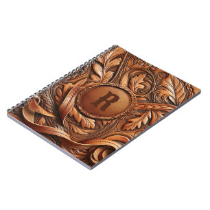 Western Tooled Leather Print Custom Initial  Notebook