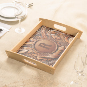 Western Tooled Leather Print Custom Initial  Serving Tray