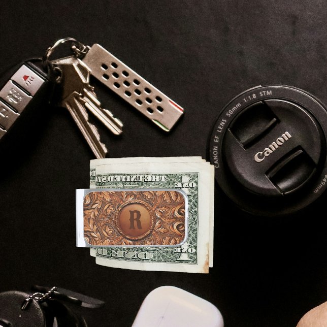 Western Tooled Leather Print Custom Initial  Silver Finish Money Clip (Western Tooled Leather Collection 
Custom Initial Money Clip Silver Tone)