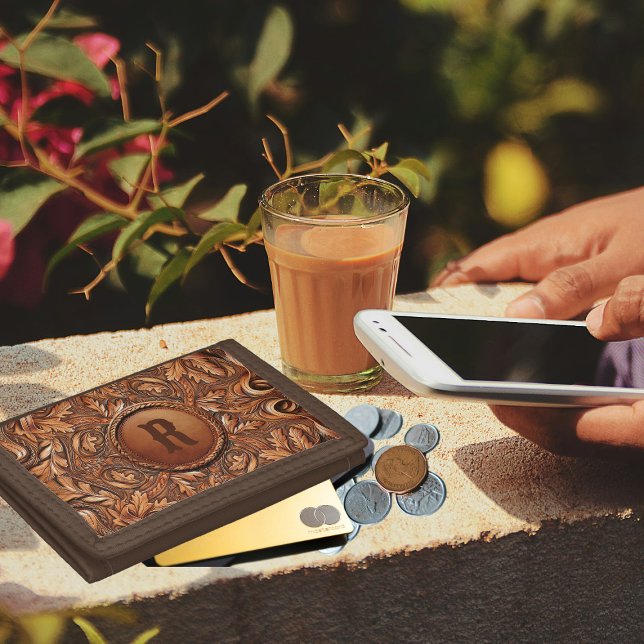 Western Tooled Leather Print Custom Initial  Trifold Wallet (Western Tooled Leather Collection 
Custom Initial Wallet)