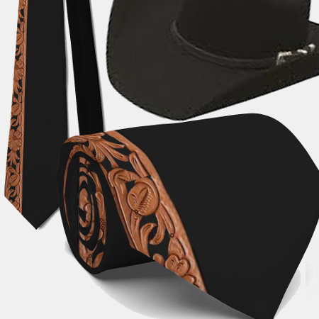 Western Tooled Leather Print On Black Tie