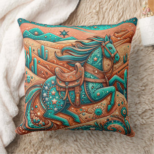 Western Tooled Leather Print Southwest Horse Throw Pillow