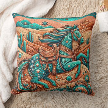 Western Tooled Leather Print Southwest Horse Throw Pillow by RODEODAYS at Zazzle