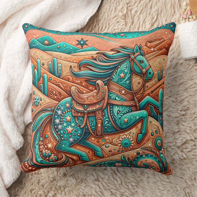 Western Tooled Leather Print Southwest Horse Throw Pillow (Blanket)