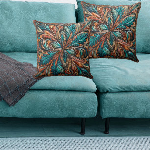 Western Tooled Leather Print Turquoise Copper Throw Pillow