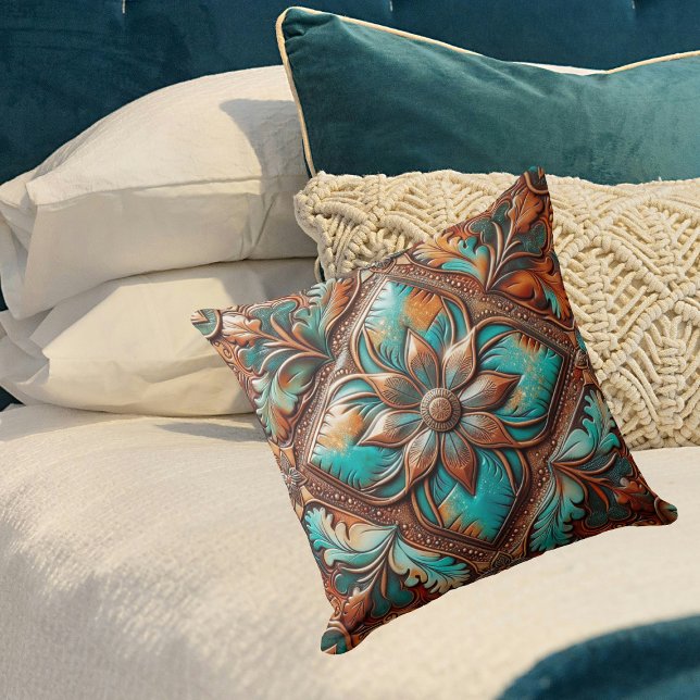 Western Tooled Leather Print Turquoise Copper Throw Pillow (Western Tooled Leather Print Turquoise Copper Throw Pillow)