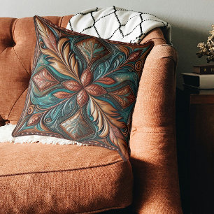 Western Tooled Leather Print Turquoise Copper Throw Pillow