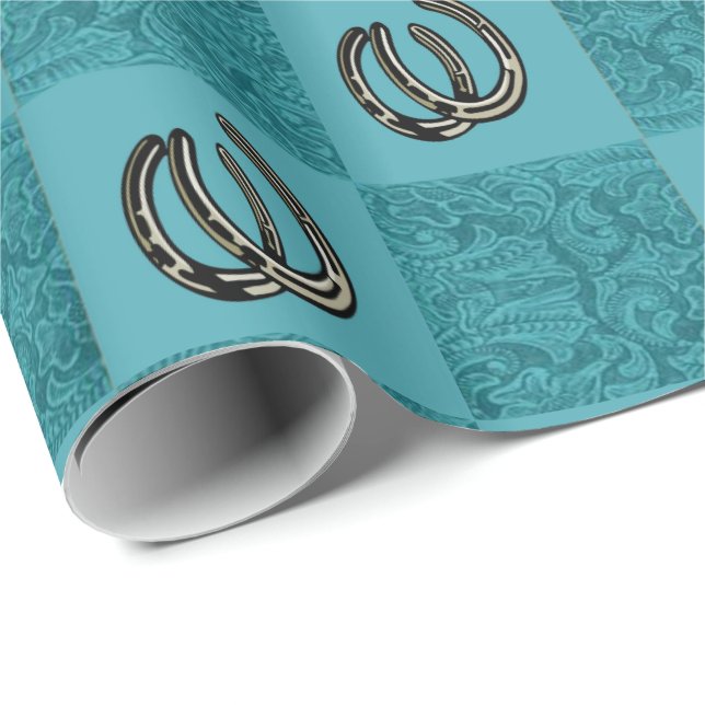 Western Tooled Leather Turquiose With Horseshoes Wrapping Paper (Roll Corner)