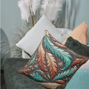 Western Tooled Leather Turquoise Feathers Throw Pillow by RODEODAYS at Zazzle