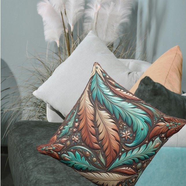 Western Tooled Leather Turquoise Feathers Throw Pillow (Western Tooled Leather Turquoise Feathers Throw Pillow)