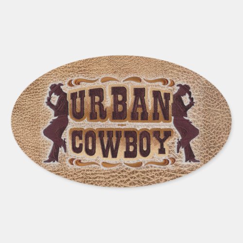 Western tooled leather Urban Cowboy Oval Sticker