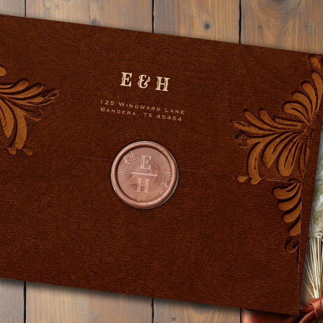 Western Tooled Rustic Terracotta Romantic Wedding Wax Seal Stamp (country rustic cowboy wedding wax seal faux tooled leather terracotta rust copper western barn)