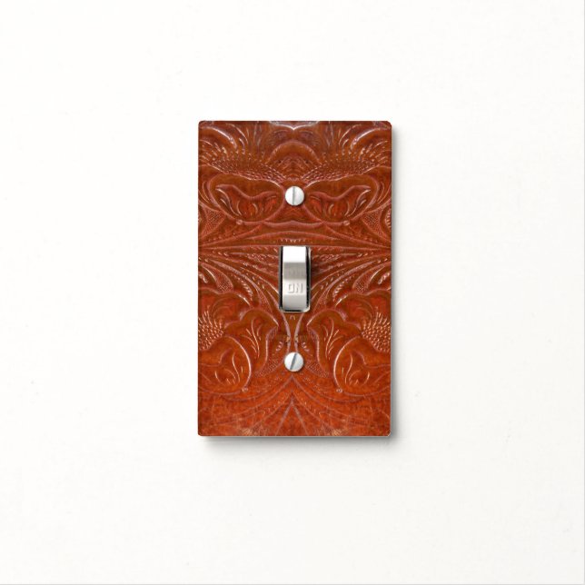 Western Tooled Saddle Leather-look Texture 3 Light Switch Cover (In Situ)