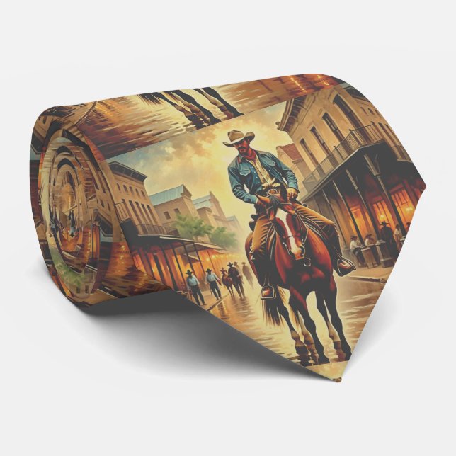 Western Town With Cowboy On Horse Neck Tie (Rolled)