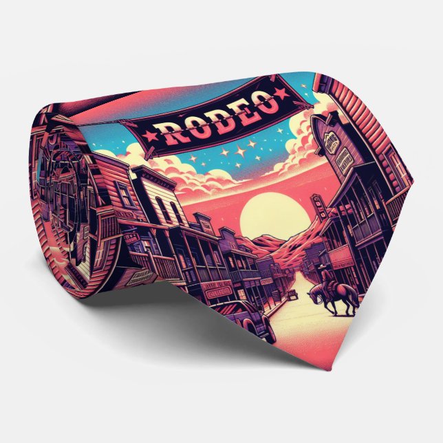 Western Town With Rodeo Banner Neck Tie (Rolled)