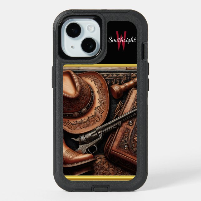 Western Trio: Hat, Boots, Revolver iPhone 15 Case (Back)