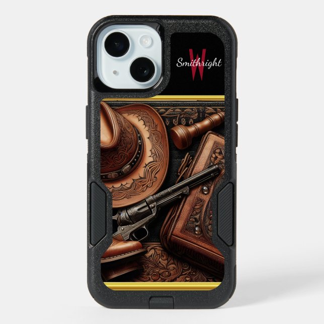 Western Trio: Hat, Boots, Revolver iPhone 15 Case (Back)