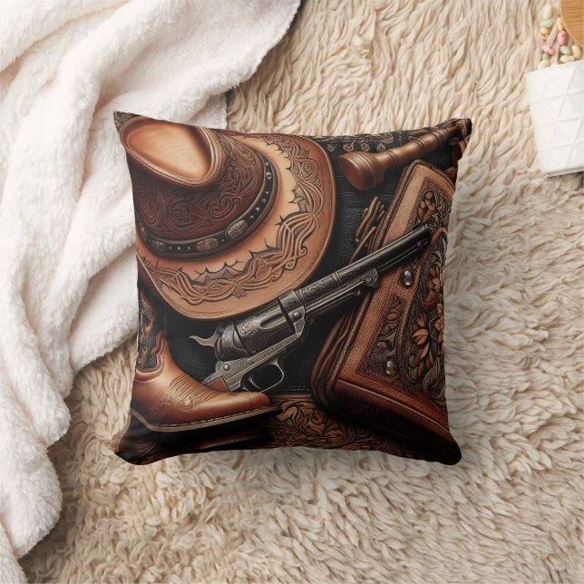 Western Trio: Hat, Boots, Revolver Throw Pillow (Blanket)